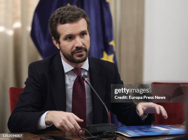 The president of the Popular Party, Pablo Casado, chairs a meeting with representatives of police unions and associations of the Civil Guard, in the...