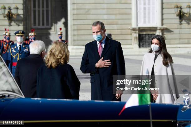 King Felipe VI of Spain and Queen Letizia of Spain receive Italian President Sergio Mattarella and Laura Mattarella at the Royal Palace on November...