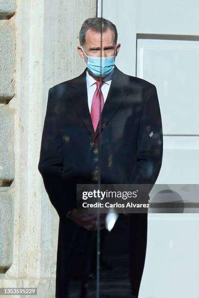 King Felipe VI of Spain receives Italian President Sergio Mattarella and Laura Mattarella at the Royal Palace on November 16, 2021 in Madrid, Spain.