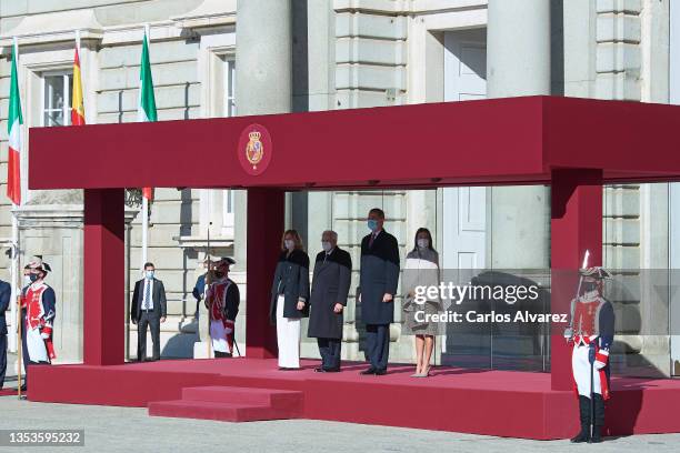 King Felipe VI of Spain and Queen Letizia of Spain receive Italian President Sergio Mattarella and Laura Mattarella at the Royal Palace on November...