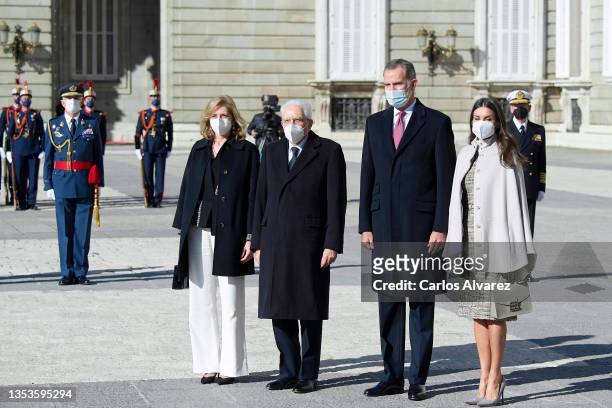 King Felipe VI of Spain and Queen Letizia of Spain receive Italian President Sergio Mattarella and Laura Mattarella at the Royal Palace on November...