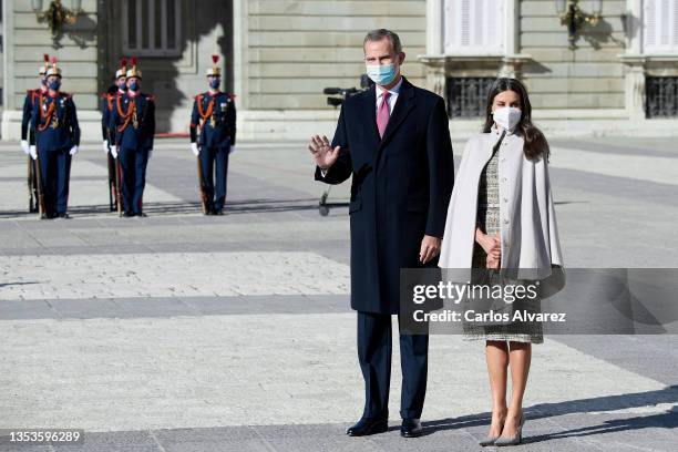 King Felipe VI of Spain and Queen Letizia of Spain receive Italian President Sergio Mattarella and Laura Mattarella at the Royal Palace on November...