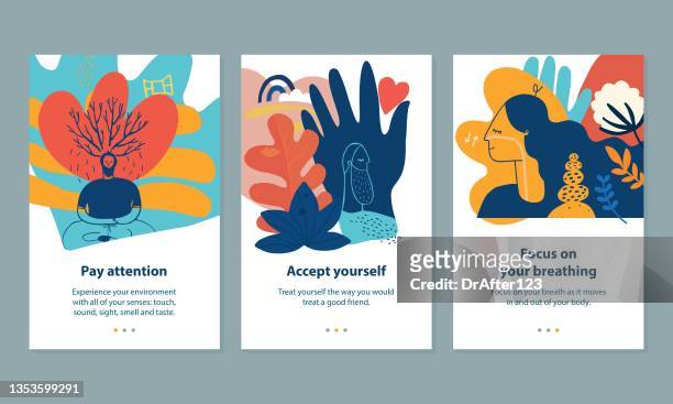 mindfulness meditation practices creative icons - healthy lifestyle stock illustrations