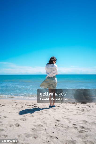 young woman standing on the shore at the beach - young woman standing against clear sky ストックフォトと画像