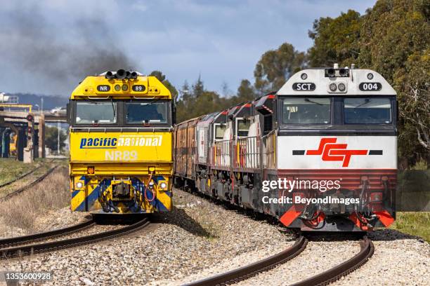 arch rivals and fierce competitors in the rail market: pacific national & sct - rail freight stock pictures, royalty-free photos & images