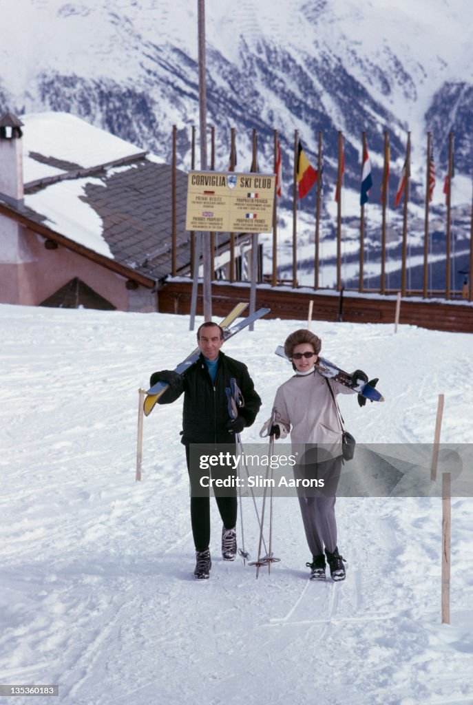 Skiers at the Corviglia Ski Club in St Moritz, Switzerland, March