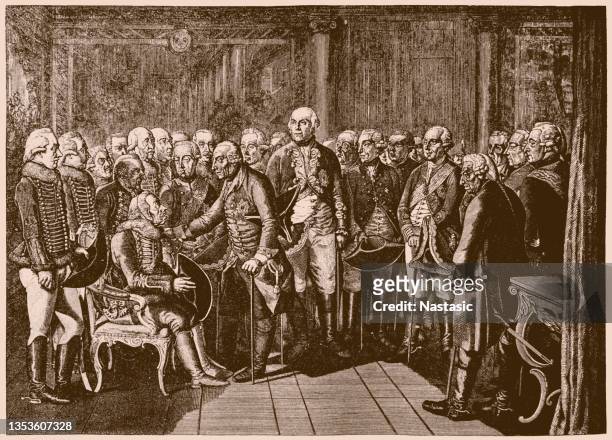 general hans joachim von zieten, on the left is received by king frederick ii of prussia seated - hans joachim von zieten stock illustrations