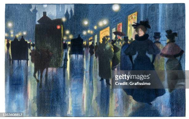 illustrazioni stock, clip art, cartoni animati e icone di tendenza di persone che camminano a monaco di baviera sotto la prima illuminazione artificiale art nouveau 1897 - stile liberty