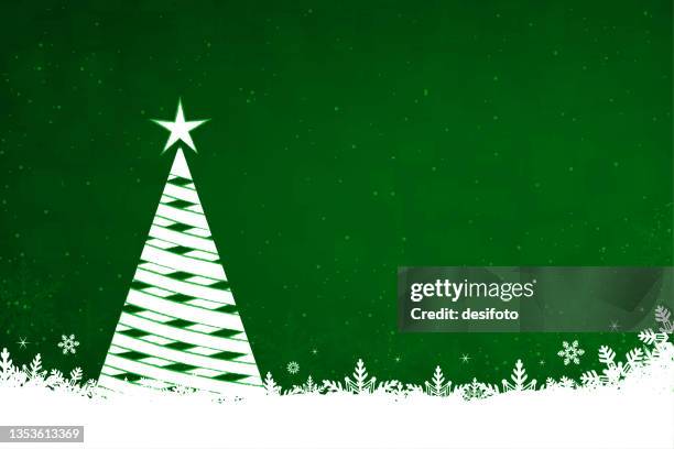 glittery christmas vector horizontal glowing green backgrounds with a white coloured helix or wicker like triangle shape tree with star at top and snowflakes and shiny dots at the bottom of bright vibrant sparkling backdrop - bling background stock illustrations