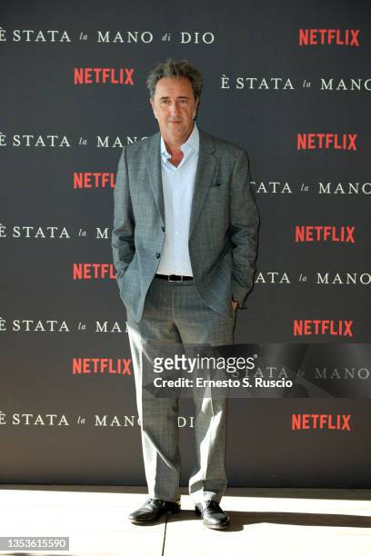 Director Paolo Sorrentino attends the photocall for the Italian premiere of "The Hand Of God" at Hotel Vesuvio on November 16, 2021 in Naples, Italy.