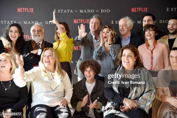 Cast of the movie attend the photocall for the Italian premiere of "The Hand Of God" at Hotel Vesuvio on November 16, 2021 in Naples, Italy.
