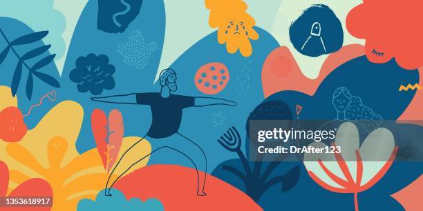 ilustraciones, imágenes clip art, dibujos animados e iconos de stock de mindfulness concepto de momento presente - yoga nature