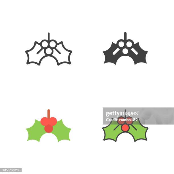 ilustraciones, imágenes clip art, dibujos animados e iconos de stock de línea de muérdago navideño, icono vectorial sólido, plano y de color. trazo editable. píxel perfecto. para móvil y web. - acebo