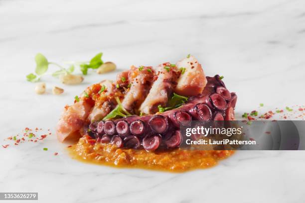 pulpo estofado con tomate con salsa romesco - pulpo fotografías e imágenes de stock