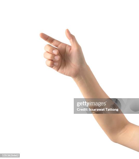 abstract young woman's hand on white background - hand pointing woman stock pictures, royalty-free photos & images