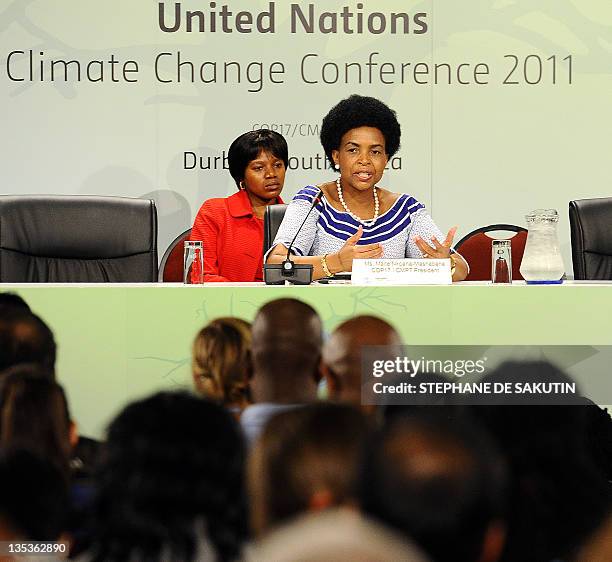 South African Foreign Minister Maite Nkoana-Mashabane, President of the 17th Conference of the Parties , gives a press conference on December 9, 2011...