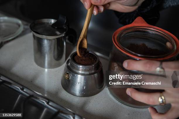 Sara Mancabelli prepares a coffee using loose grinded coffe beans on November 16, 2021 in Milan, Italy. Sara Mancabelli is one of the co-founder of...