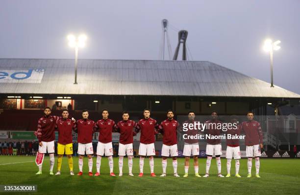Players of Switzerland line up prior to the UEFA European Under-21 Championship Qualifier between Wales U21 and Switzerland U21 at Rodney Parade on...
