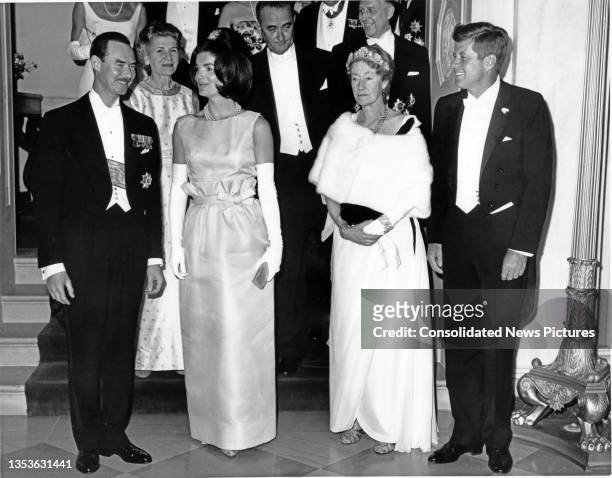 View of, from left, Prince Jean of Luxembourg , US First Lady Jacqueline Kennedy , Grand Duchess Charlotte of Luxembourg , and US President John F...