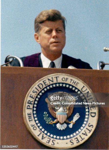 President John F Kennedy speaks, outdoors, at American University's commencement ceremony, Washington DC, June 10, 1963. Known as the 'Pax Americana'...