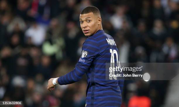 Kylian Mbappe of France during the 2022 FIFA World Cup Qualifier match between France and Kazakhstan at Parc des Princes on November 13, 2021 in...
