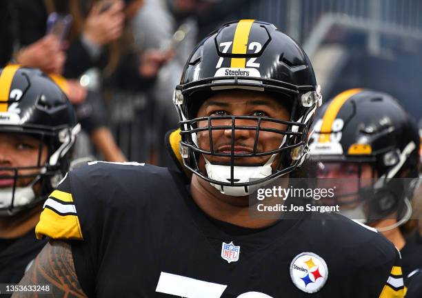 Zach Banner of the Pittsburgh Steelers looks on during the game against the Detroit Lions at Heinz Field on November 14, 2021 in Pittsburgh,...