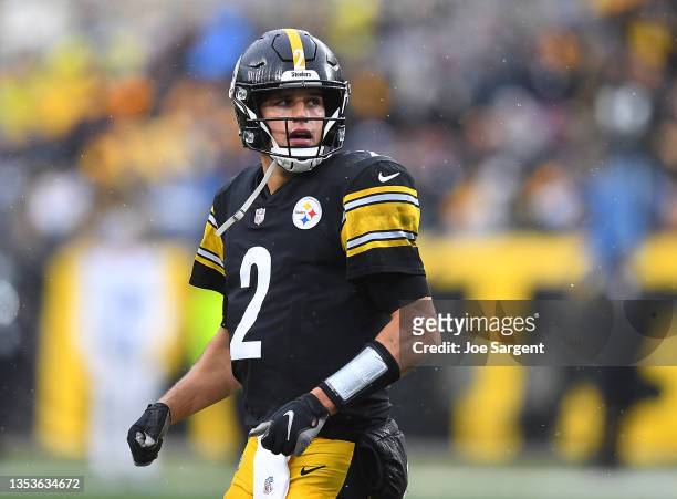 Mason Rudolph of the Pittsburgh Steelers looks on during the game against the Detroit Lions at Heinz Field on November 14, 2021 in Pittsburgh,...