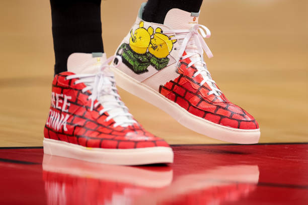 Enes Kanter of the Boston Celtics sneakers are seen at Toyota Center on October 24, 2021 in Houston, Texas. NOTE TO USER: User expressly acknowledges...