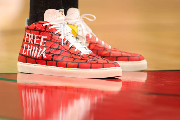 Enes Kanter of the Boston Celtics sneakers are seen at Toyota Center on October 24, 2021 in Houston, Texas. NOTE TO USER: User expressly acknowledges...