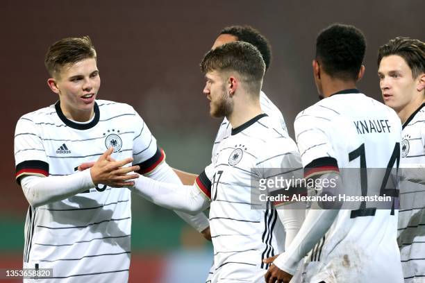 Jan Thielemann of Germany celebrates scoring the 4th team goal with his team mates Finn Ole Becker during the 2022 UEFA European Under-21...