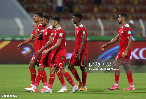 Players of Oman look dejected following the FIFA World Cup Asian Qualifier final round Group B match between Oman and Japan at Sultan Qaboos Stadium...