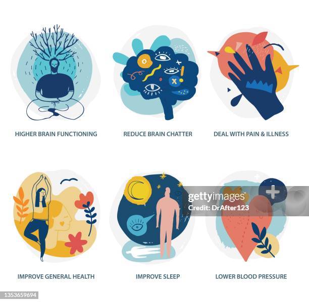 ilustraciones, imágenes clip art, dibujos animados e iconos de stock de beneficios para la salud de la atención plena - exercising stock illustrations