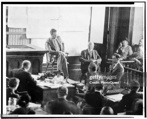 View of American aviator Charles Lindbergh in the witness chair during the trial of Richard Hauptmann , Flemington, New Jersey, January 1935.