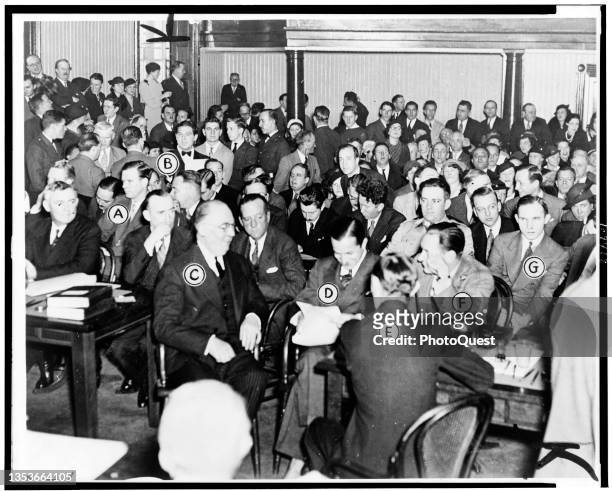 View of the crowded court room during trial of Richard Hauptmann , accused of the kidnapping and murder of Charles Lindbergh Jr , Flemington, New...