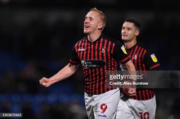 Mark Cullen of Hartlepool United celebrates after opening the scoring during the Emirates FA Cup First Round Replay between Wycombe Wanderers and...