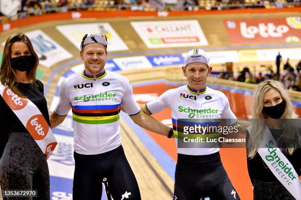 Lasse Norman Hansen of Denmark and Michael Morkov of Denmark and Team Schneider Electric pose for a photograph prior to the Men's elite track cycling...