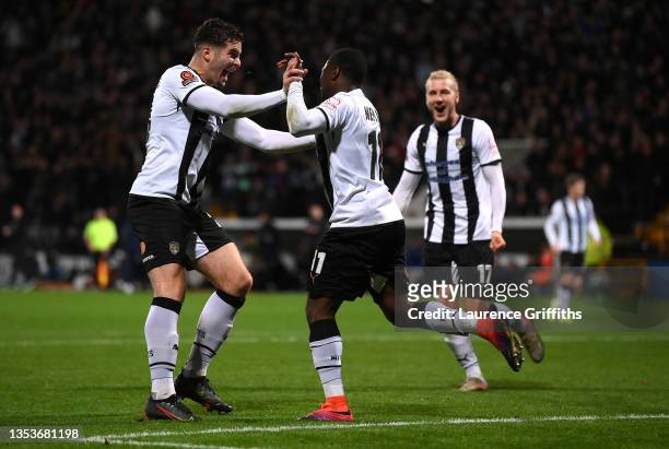 Aaron Nemane of Notts County celebrates with Rúben Rodrigues of Notts County after scoring his teams first goal during the Emirates FA Cup First...