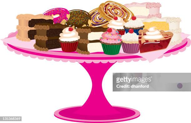 pink bakery tray of desserts or sweets - chocolate cake stock illustrations