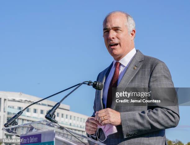 Senator Bob Casey speaks at the "Time to Deliver" Home Care Workers rally and march on November 16, 2021 in Washington, DC.