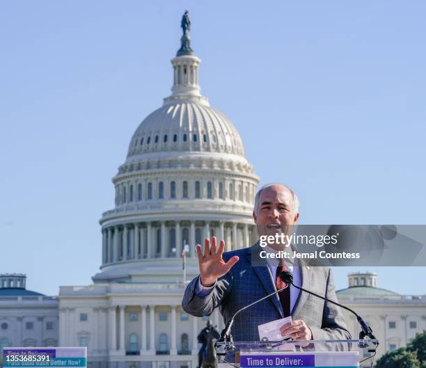 Senator Bob Casey speaks at the "Time to Deliver" Home Care Workers rally and march on November 16, 2021 in Washington, DC.