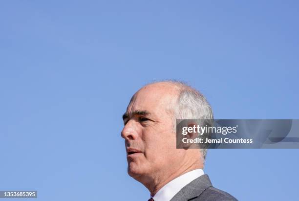 Senator Bob Casey speaks at the "Time to Deliver" Home Care Workers rally and march on November 16, 2021 in Washington, DC.