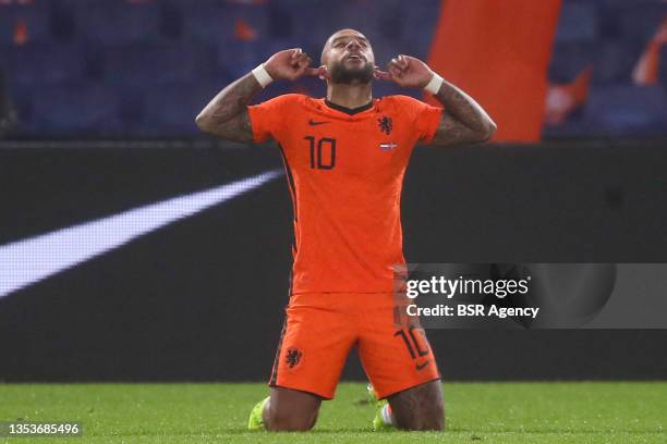 Memphis Depay of the Netherlands celebrates after scoring his sides second goal during the World Cup Qualifier match between Netherlands and Norway...