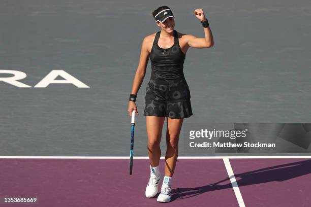 Garbiñe Muguruza of Spain celebrates her victory in her Women's Singles semifinal match against Paula Badosa of Spain at Centro Panamericano de Tenis...