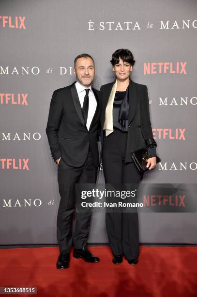 Massimiliano Gallo and Shalana Santana attend the red carpet for the Italian premiere of "The Hand Of God" at Cinema Metropolitan on November 16,...