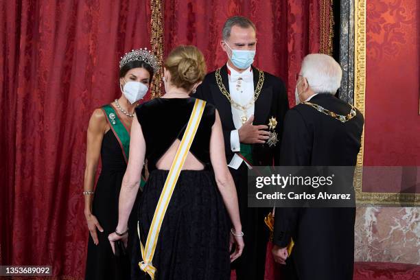 King Felipe VI of Spain and Queen Letizia of Spain receive Italian President Sergio Mattarella and his daughter Laura Mattarella for a Gala Dinner...