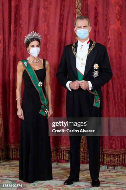 King Felipe VI of Spain and Queen Letizia of Spain receive Italian President Sergio Mattarella and Laura Mattarella for a Gala Dinner honoring...