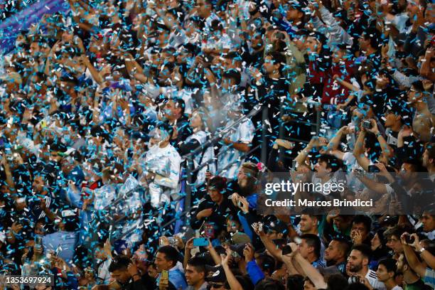 Fans of Argentina cheer on their team before a match between Argentina and Brazil as part of FIFA World Cup Qatar 2022 Qualifiers at San Juan del...