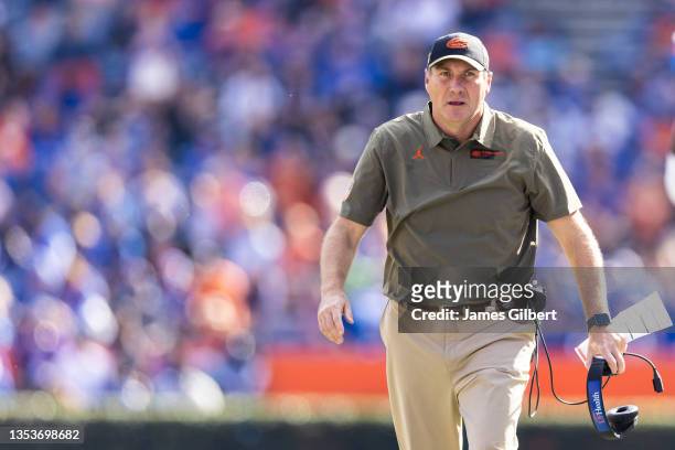 Head coach Dan Mullen of the Florida Gators looks on during the third quarter of a game at Ben Hill Griffin Stadium on November 13, 2021 in...