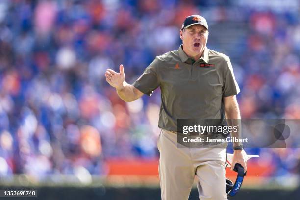 Head coach Dan Mullen of the Florida Gators reacts during the third quarter of a game against the Samford Bulldogs at Ben Hill Griffin Stadium on...