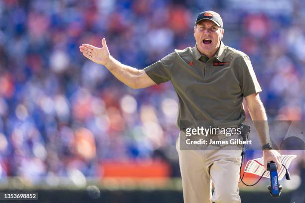Head coach Dan Mullen of the Florida Gators reacts during the third quarter of a game against the Samford Bulldogs at Ben Hill Griffin Stadium on...